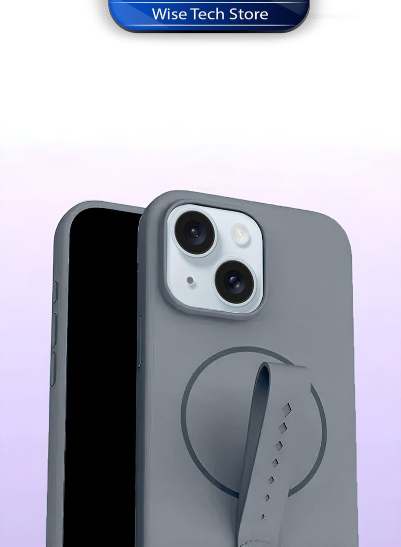 Wtech Apple iPhone 15 5G 2023 Invisible Magnetic Liquid Silicone Rotating Wristband Case Cover (MCRPSN) - Grey - Image 4