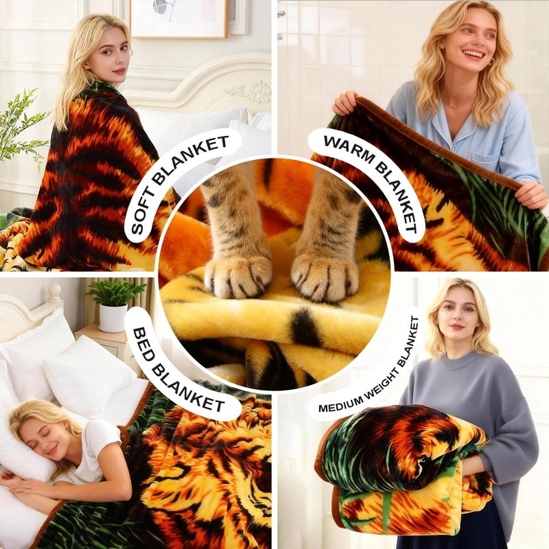 JYK Korean Faux Mink Fleece Blanket 75”x87” and 5 LB Mink Blanket - 2 Ply Reversible 520GSM Silky Soft Plush Warm Blanket for Autumn Winter, A&B Pattern (Queen, Tiger/Tiger Stripes) - Image 4