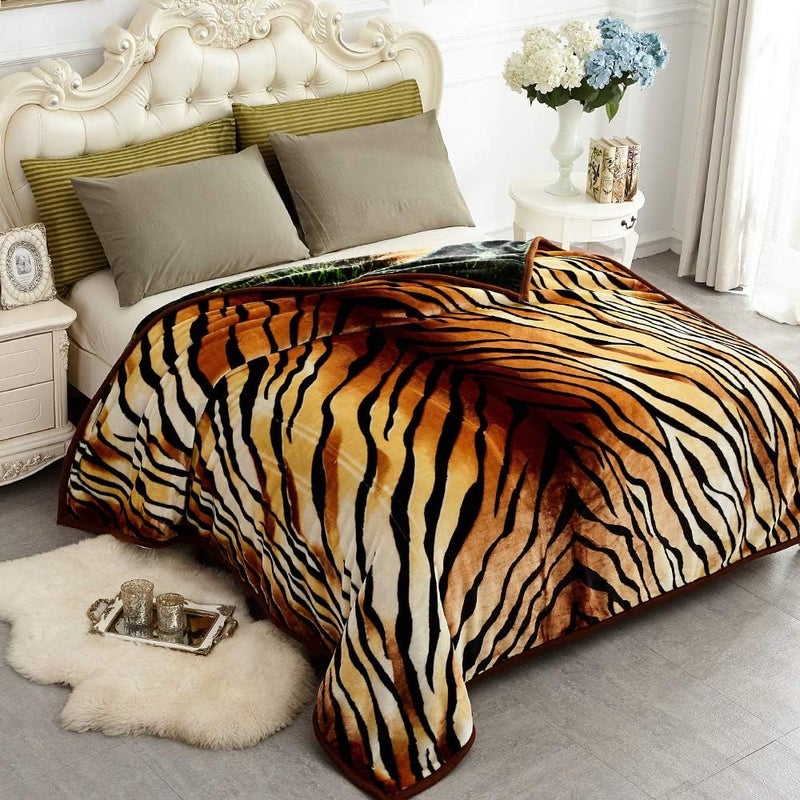 JYK Korean Faux Mink Fleece Blanket 75”x87” and 5 LB Mink Blanket - 2 Ply Reversible 520GSM Silky Soft Plush Warm Blanket for Autumn Winter, A&B Pattern (Queen, Tiger/Tiger Stripes) - Image 2