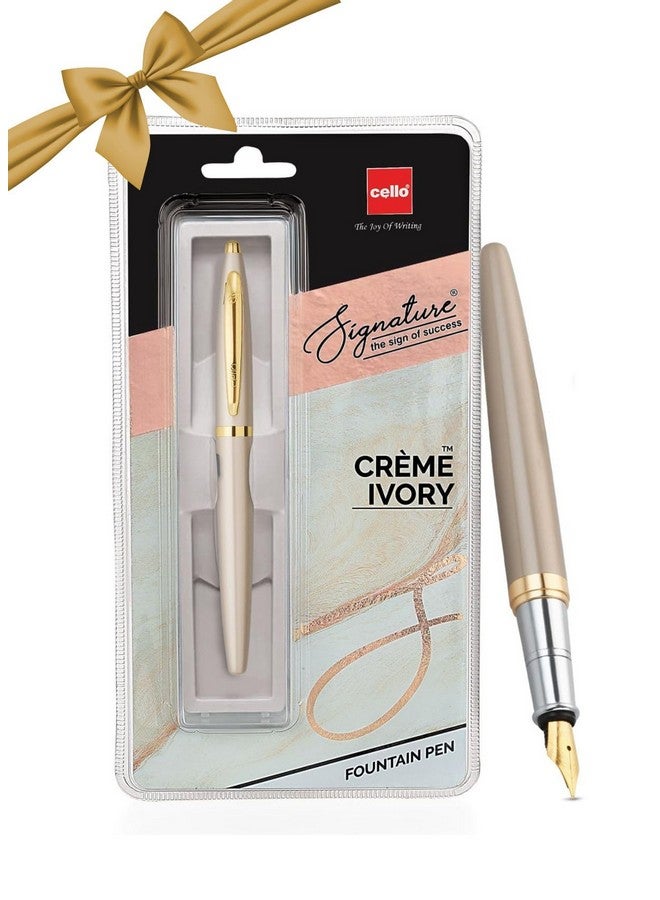 Cello Cello Signature Crème Ivory Fountain Pen | Blue Ink | 1 Fountain Pen + Ink Cartridge | Iridium Nib | Premium Metal Pen for Gift | Stylish Corporate & New Year Gifts for Men & Women - Image 1