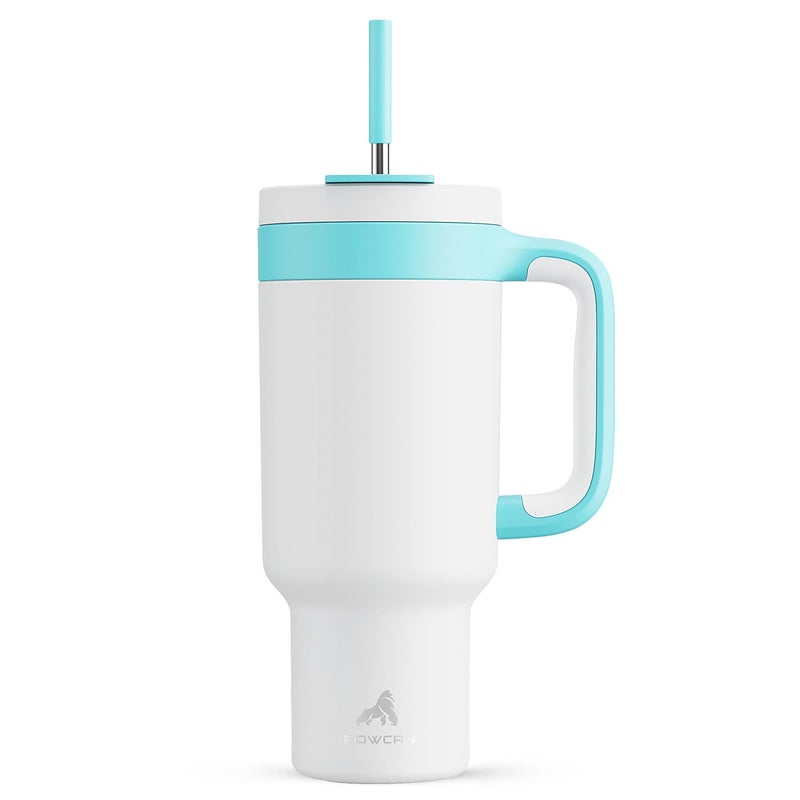 POWCAN 40 oz Tumbler with Handle 2in1 Straw and Sip Lid Leakproof Dishwasher Safe Insulated Stainless Steel Travel Coffee Mug Keeps Cold for 34 Hours Fits in Car Cup Holder Glacier