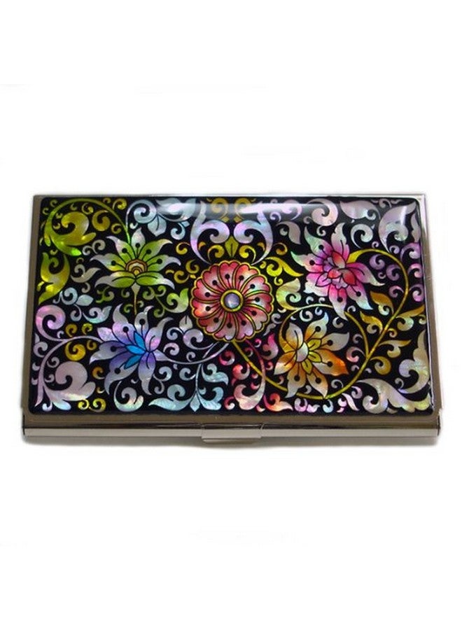 Antique Alive Mother Of Pearl Design Rfid Blocking Protection Business Card Case, Credit Card Holder, Metal Name Card Case, Engraved Slim Purse Pocket Cash Money Wallet (Flower Arabesque)  - Image 1