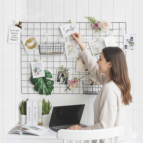 CreativeBuzz Steel Grid Photo Frame for Wall with 10 Wooden Deginer Clips | DIY Metal Wire Grid Wall Organizer | Aesthetic Photo Display Frame, Memo Board & Room Wall Décor for Home, Bedroom & Office (Black, 65x45cm) - Image 3