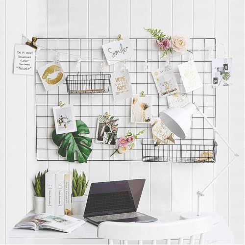 CreativeBuzz Steel Grid Photo Frame for Wall with 10 Wooden Deginer Clips | DIY Metal Wire Grid Wall Organizer | Aesthetic Photo Display Frame, Memo Board & Room Wall Décor for Home, Bedroom & Office (Black, 65x45cm) - Image 1