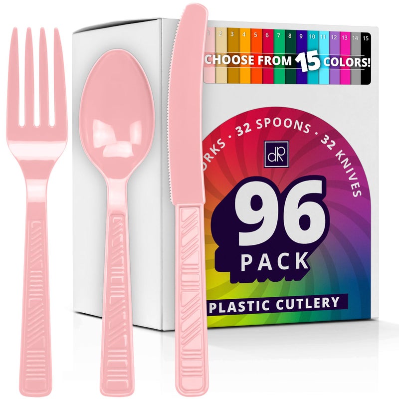 DecorRack Plastic Cutlery Set Pink Colored Plastic Silverware Sets for Parties 96 Piece Bulk Heavy Duty Utensils Pink 96 Pieces