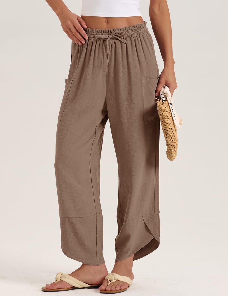 LOMON Women Flowy Pants Drawstring Waist Wide Leg Palazzo Linen Beach Pants Loose Fit with Pockets Work (Coffee,XL) - Image 5