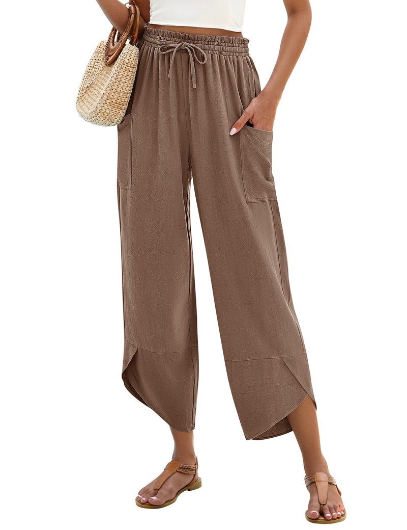 LOMON Women Flowy Pants Drawstring Waist Wide Leg Palazzo Linen Beach Pants Loose Fit with Pockets Work (Coffee,XL) - Image 1