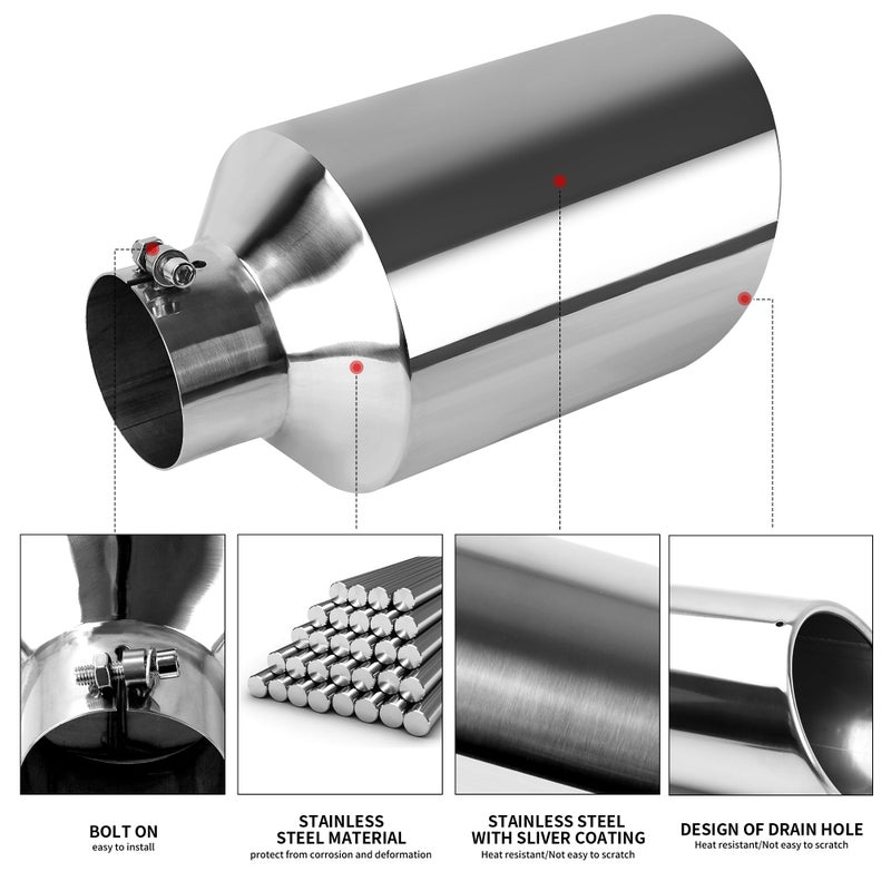 Richeer 4 to 8 inch Exhaust Tip, 4" Inlet, 8â€ Outlet 15â€ Overall Length Stainless Steel Polished Finish Universal for Vehicles with 4" O.D. Exhaust Tailpipe, Rolled Edge, Bolt on Design - Image 4