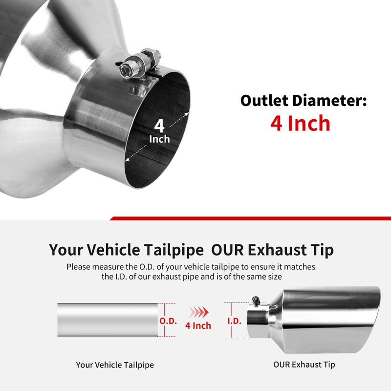 Richeer 4 to 8 inch Exhaust Tip, 4" Inlet, 8â€ Outlet 15â€ Overall Length Stainless Steel Polished Finish Universal for Vehicles with 4" O.D. Exhaust Tailpipe, Rolled Edge, Bolt on Design - Image 3
