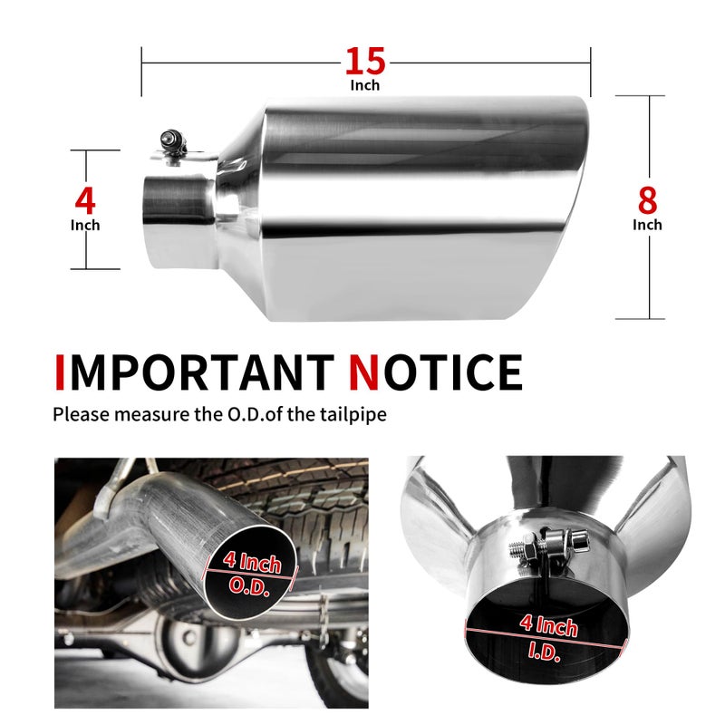 Richeer 4 to 8 inch Exhaust Tip, 4" Inlet, 8â€ Outlet 15â€ Overall Length Stainless Steel Polished Finish Universal for Vehicles with 4" O.D. Exhaust Tailpipe, Rolled Edge, Bolt on Design - Image 2