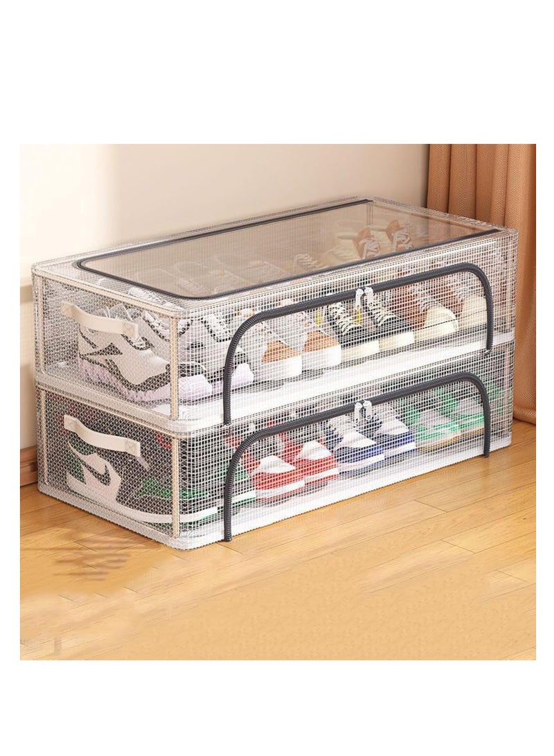 Shoes Organizer Underbed 2PCS Stackable Transparent PVC Shoe Box with Foldable Steel Frame Clear Shoe Storage Box with Zipper Lid Under Bed Storage Organiser for Clothes Bed Sheets Households  - Image 2