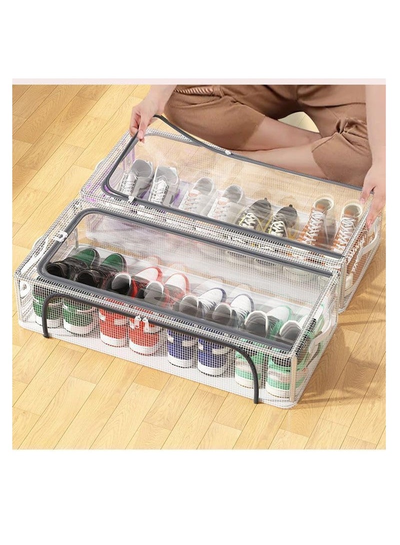 Shoes Organizer Underbed 2PCS Stackable Transparent PVC Shoe Box with Foldable Steel Frame Clear Shoe Storage Box with Zipper Lid Under Bed Storage Organiser for Clothes Bed Sheets Households  - Image 3