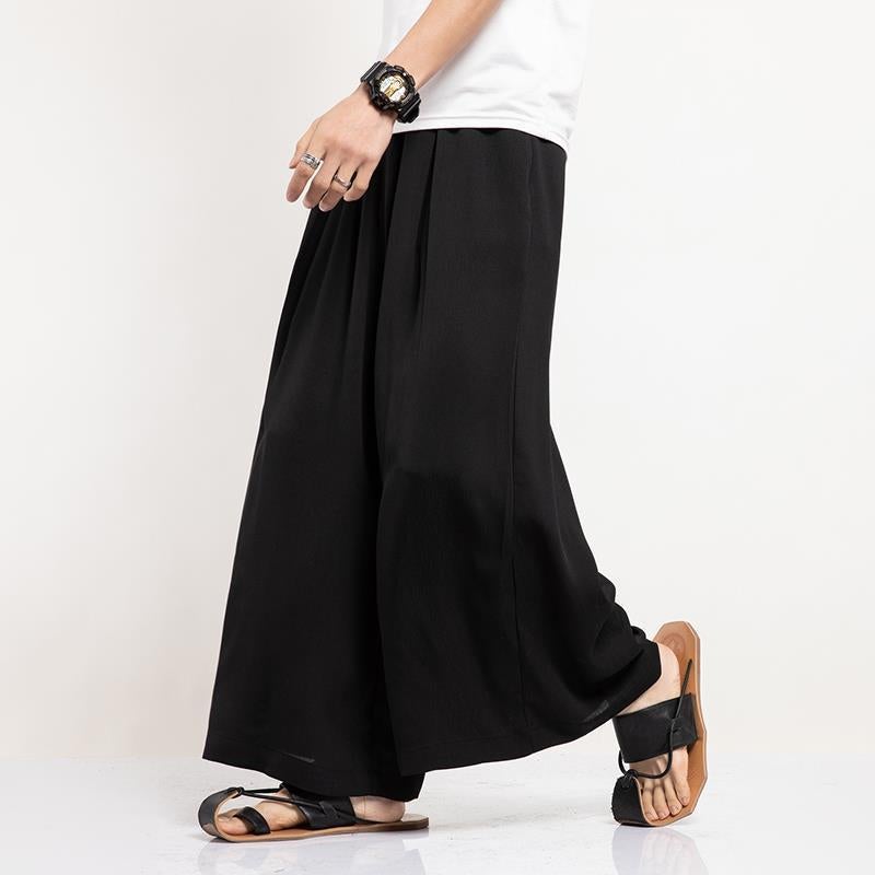 Dagging Ice Silk Wide Leg Pants Mens Straight Cropped Pants Summer Thin Mens Pants Loose Casual Pants Japanese Culottes Black - Image 5