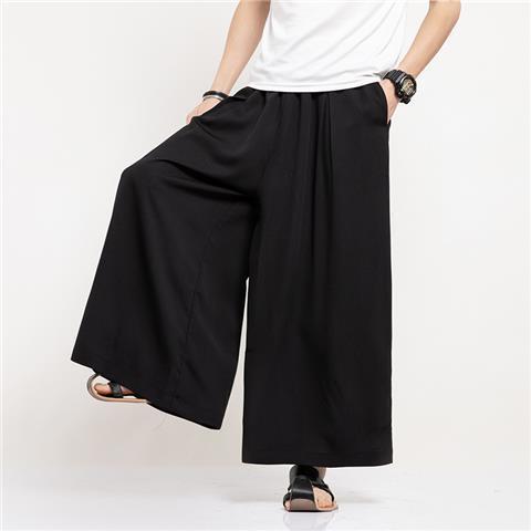 Dagging Ice Silk Wide Leg Pants Mens Straight Cropped Pants Summer Thin Mens Pants Loose Casual Pants Japanese Culottes Black - Image 1