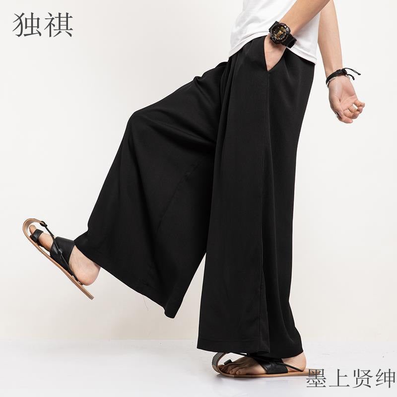 Dagging Ice Silk Wide Leg Pants Mens Straight Cropped Pants Summer Thin Mens Pants Loose Casual Pants Japanese Culottes Black - Image 2