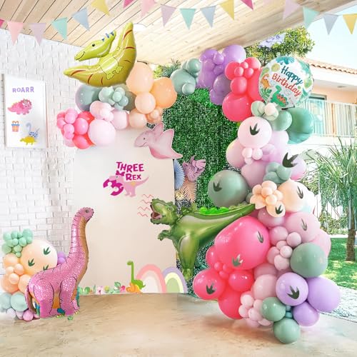 yeewaka Pink Dinosaur balloon garland kit 150pcs Pastel Pink green Purple balloon and Foil Dinosaur balloon footprint sticker for Girl Dino theme birthday Baby Shower decorations - Image 1