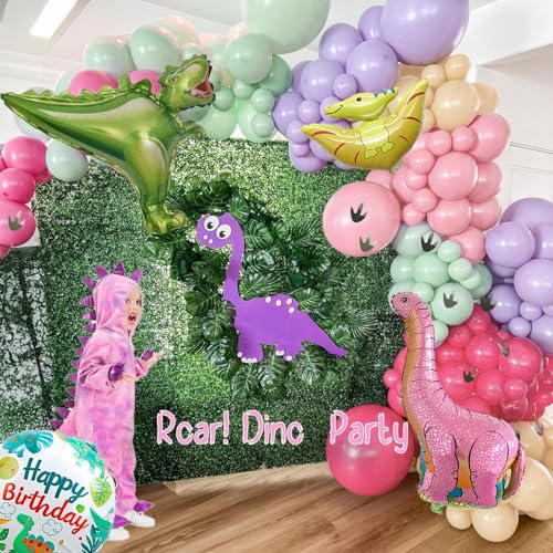 yeewaka Pink Dinosaur balloon garland kit 150pcs Pastel Pink green Purple balloon and Foil Dinosaur balloon footprint sticker for Girl Dino theme birthday Baby Shower decorations - Image 3