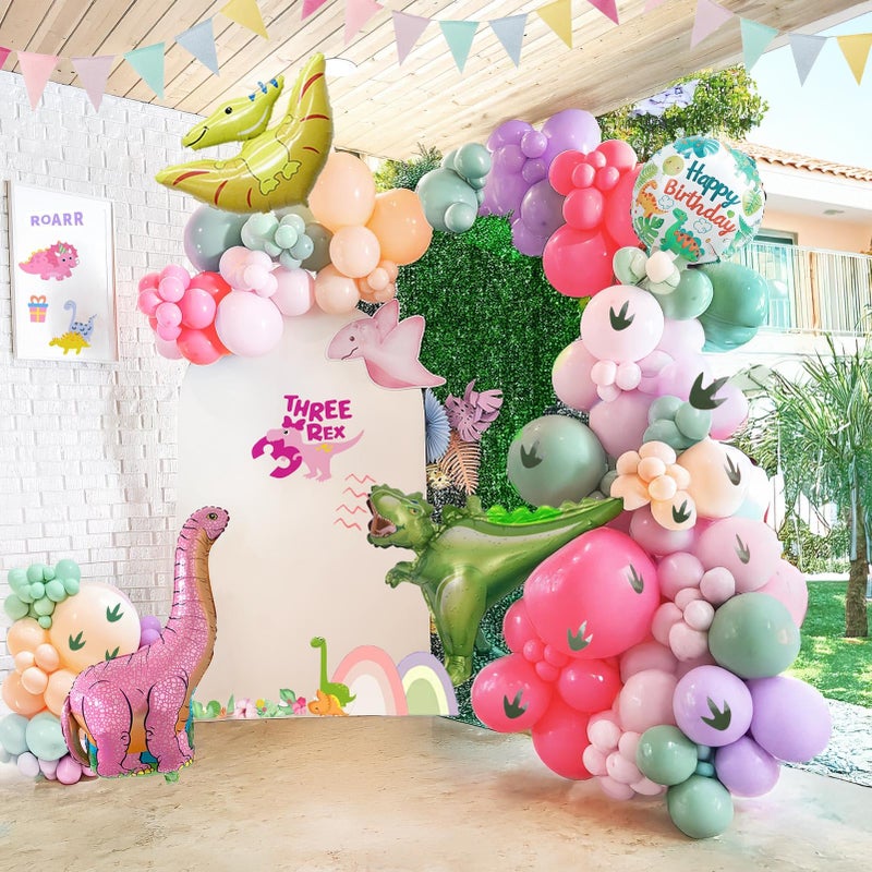 yeewaka Pink Dinosaur balloon garland kit 150pcs Pastel Pink green Purple balloon and Foil Dinosaur balloon footprint sticker for Girl Dino theme birthday Baby Shower decorations - Image 2