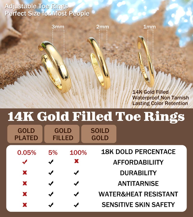 ADRAMATA Toe Rings for Women Gold Trendy 14K Gold Plated Toe Ring Set Thin Band Beach Foot Jewelry for Summer Open Adjustable Toe Ring 1mm 2mm 3mm - Image 3