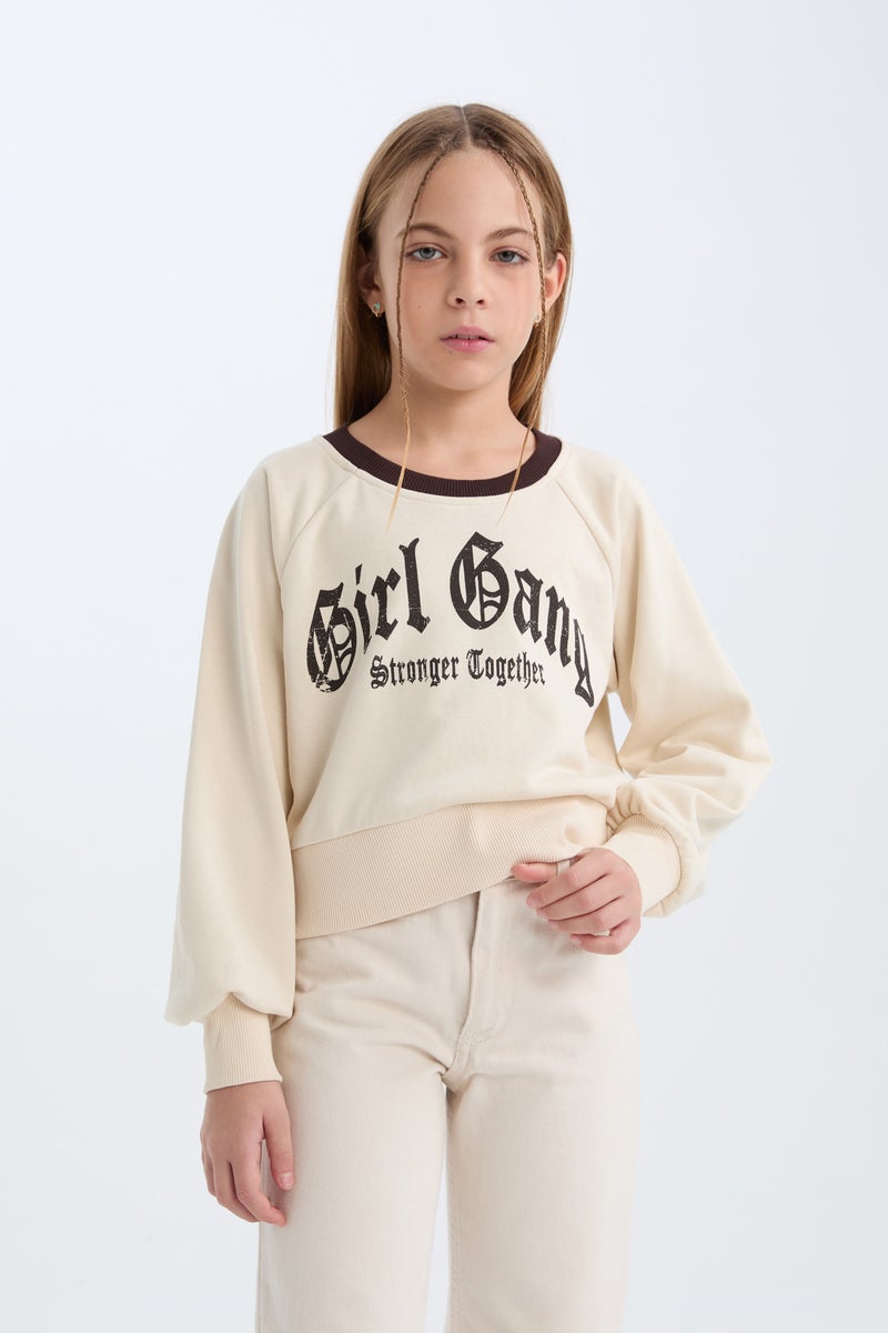 DeFacto Beige Girl Girl Relax Fit Printed Soft Furry Inside Sweatshirt Casual - Image 1