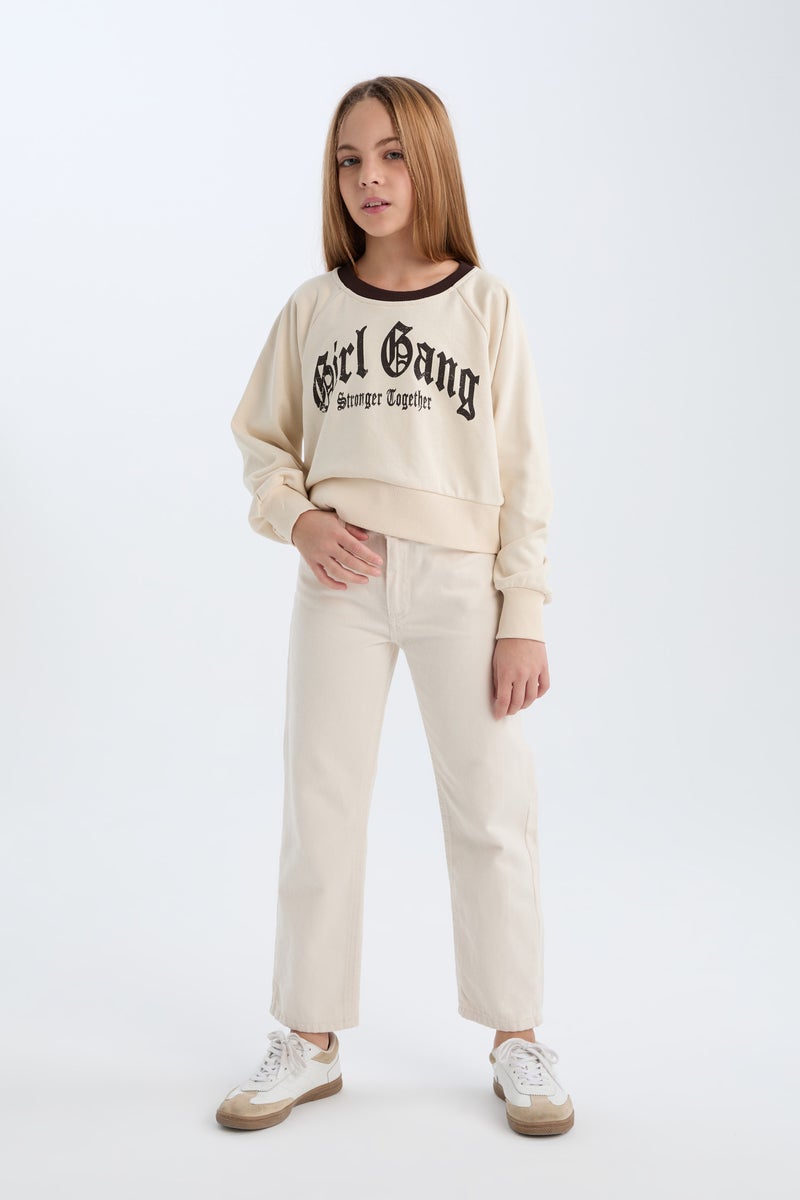 DeFacto Beige Girl Girl Relax Fit Printed Soft Furry Inside Sweatshirt Casual - Image 2