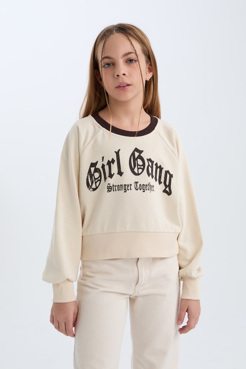 DeFacto Beige Girl Girl Relax Fit Printed Soft Furry Inside Sweatshirt Casual - Image 4
