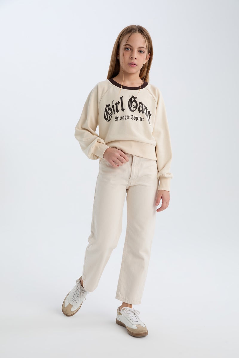 DeFacto Beige Girl Girl Relax Fit Printed Soft Furry Inside Sweatshirt Casual - Image 3