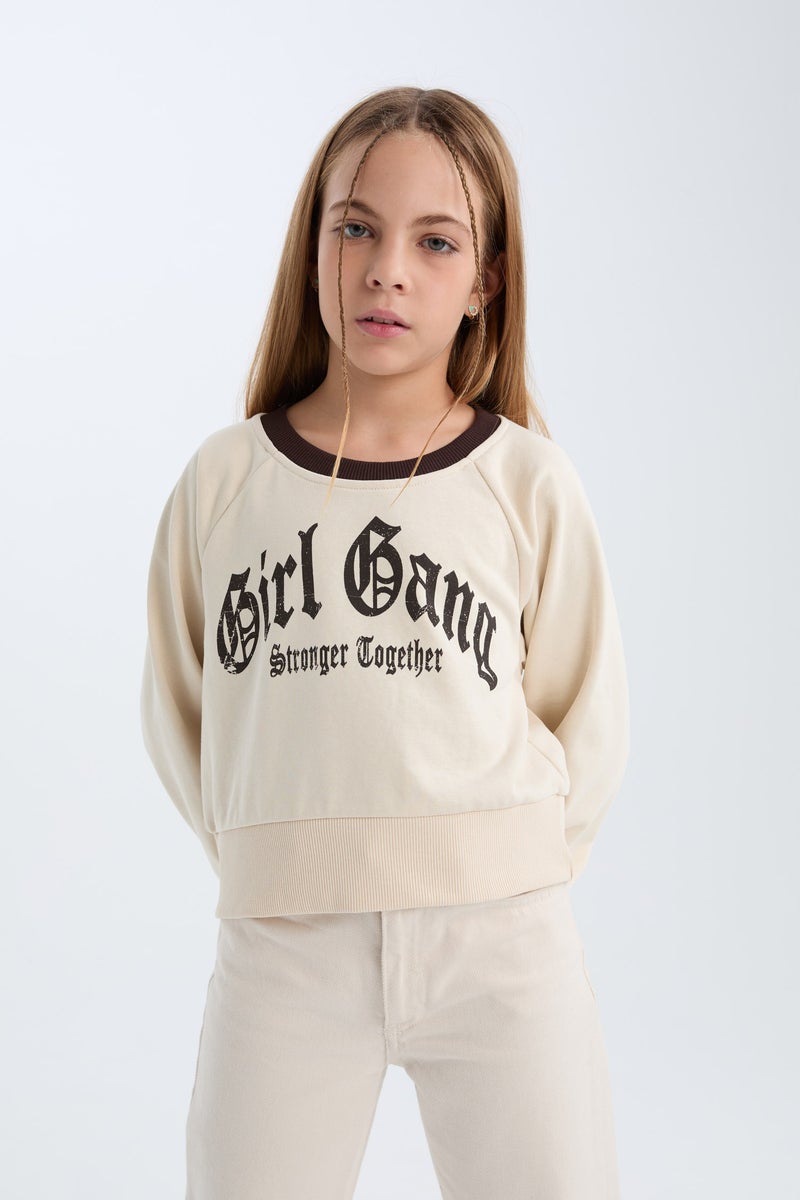 DeFacto Beige Girl Girl Relax Fit Printed Soft Furry Inside Sweatshirt Casual - Image 5