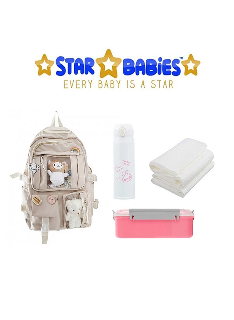 STAR BABiES Back To School Water Bottle 500Ml School Bag Disposable Towel 3Pcs Lunch Box Cream - Image 1
