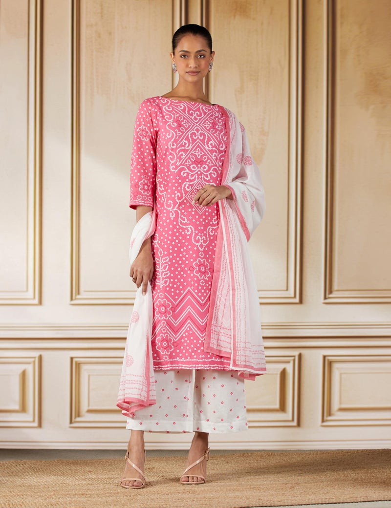 BIBA Women's Pink Printed Cotton Straight Kurta Palazzo Suit Set_44 - Image 2
