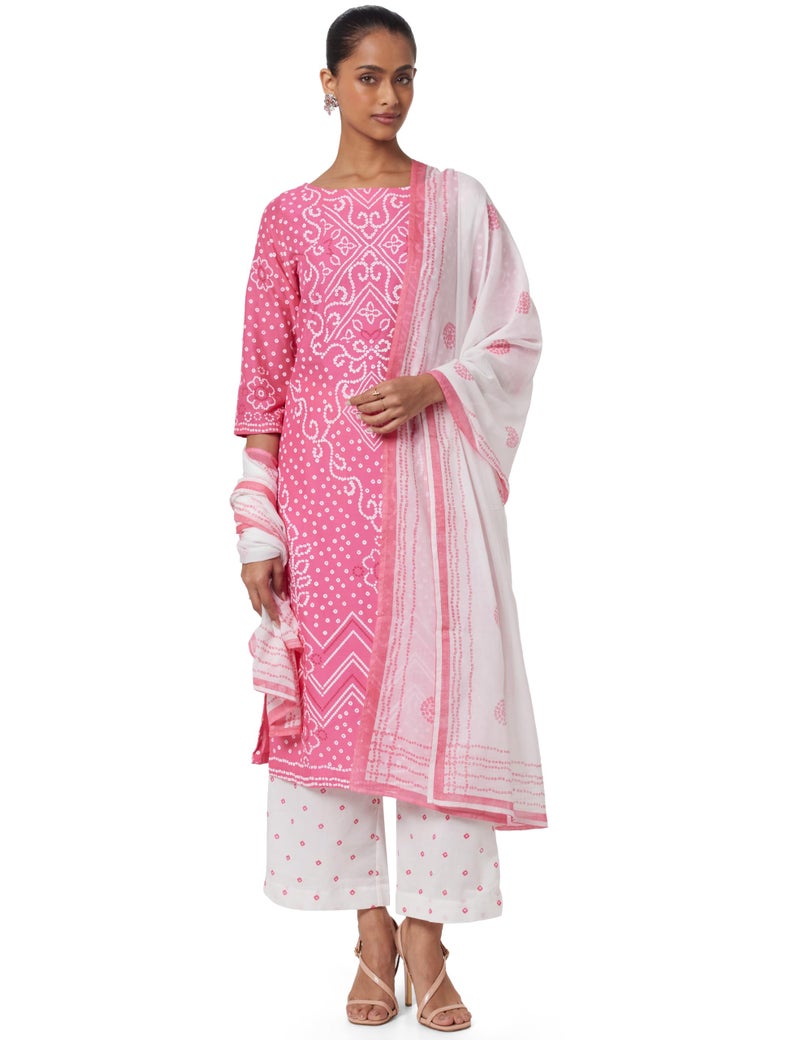 BIBA Women's Pink Printed Cotton Straight Kurta Palazzo Suit Set_44 - Image 1