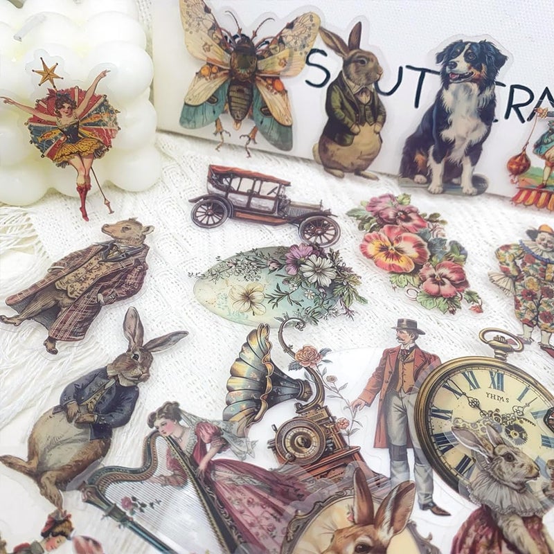YOKSAS 50 Pcs Vintage Victorian Ephemera Stickers â€“ Clear Scrapbooking Supplies with Retro Animals, Flowers, Circus & Antique Objects â€“ Aesthetic Journal Decor for Resin Crafts, Journals, Planners - Image 3