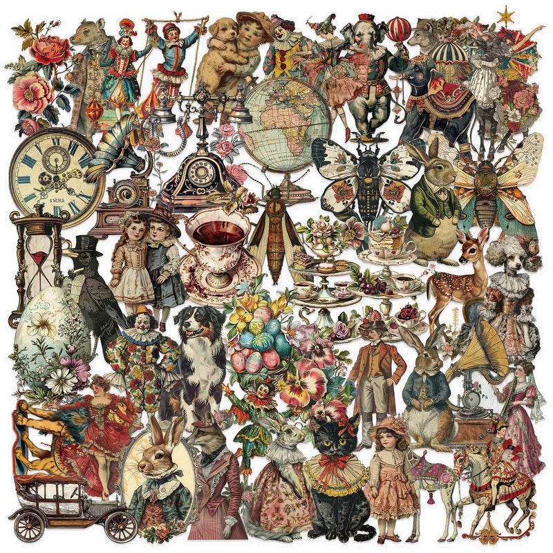 YOKSAS 50 Pcs Vintage Victorian Ephemera Stickers â€“ Clear Scrapbooking Supplies with Retro Animals, Flowers, Circus & Antique Objects â€“ Aesthetic Journal Decor for Resin Crafts, Journals, Planners - Image 1
