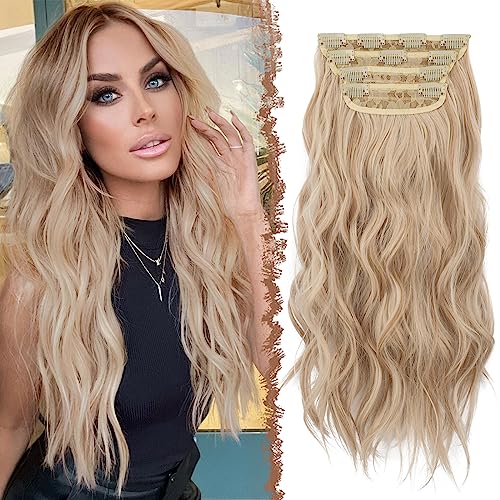 FESHFEN Clip in Hair Extensions 4 PCS Long Wavy Thick Highlighted Clip in Hairpieces Synthetic Hair Extension for Women 20 Inch Light Honey Blonde - Image 1
