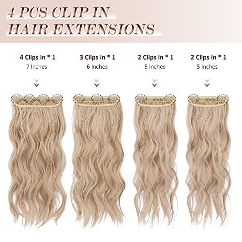 FESHFEN Clip in Hair Extensions 4 PCS Long Wavy Thick Highlighted Clip in Hairpieces Synthetic Hair Extension for Women 20 Inch Light Honey Blonde - Image 3