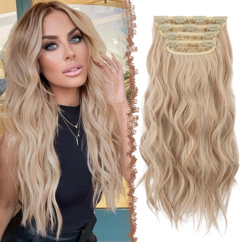 FESHFEN Clip in Hair Extensions 4 PCS Long Wavy Thick Highlighted Clip in Hairpieces Synthetic Hair Extension for Women 20 Inch Light Honey Blonde - Image 2