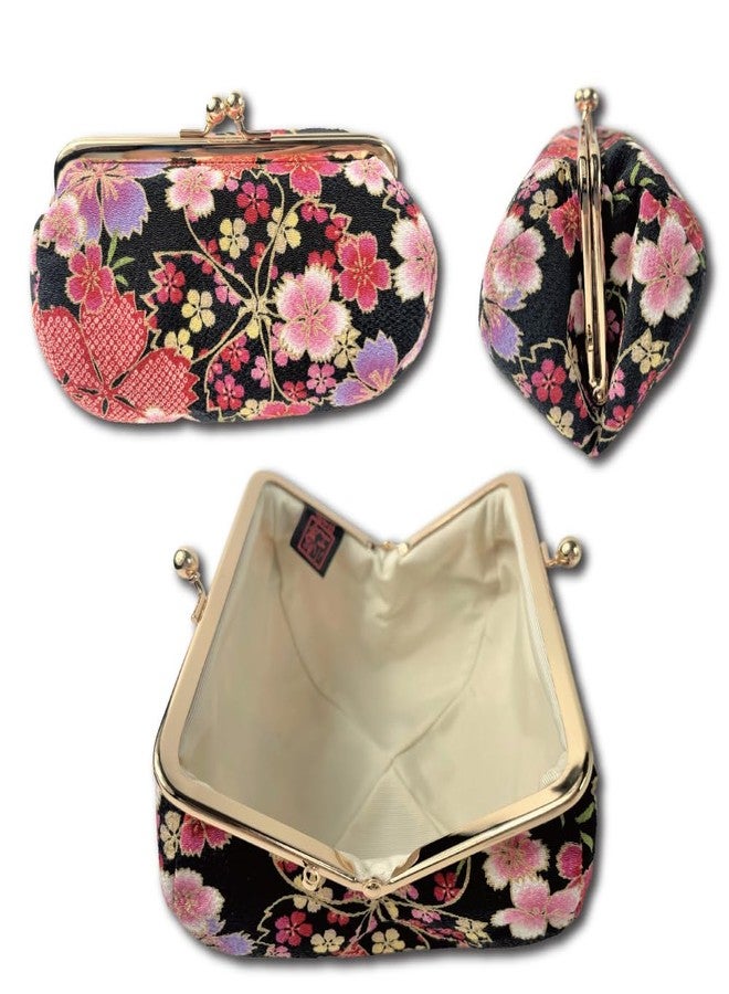 Terra Distribution Kiss Lock Small Makeup Bag for Purse [ Made in Japan] Traditional Edo Komon Design Cute Cosmetic Pouch (Cherry blossom (Black)) - Image 4