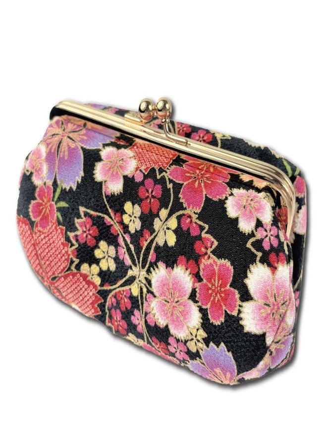 Terra Distribution Kiss Lock Small Makeup Bag for Purse [ Made in Japan] Traditional Edo Komon Design Cute Cosmetic Pouch (Cherry blossom (Black)) - Image 1