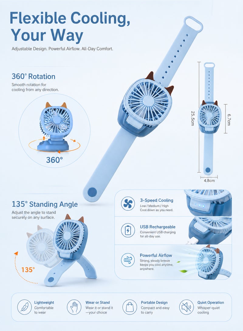 Cartoon Fan Watch Kids Toy USB Rechargeable Mini Wrist Fan 3 Speed Adjustable RGB Light Summer Cooling Cute Gift for Children - Image 2