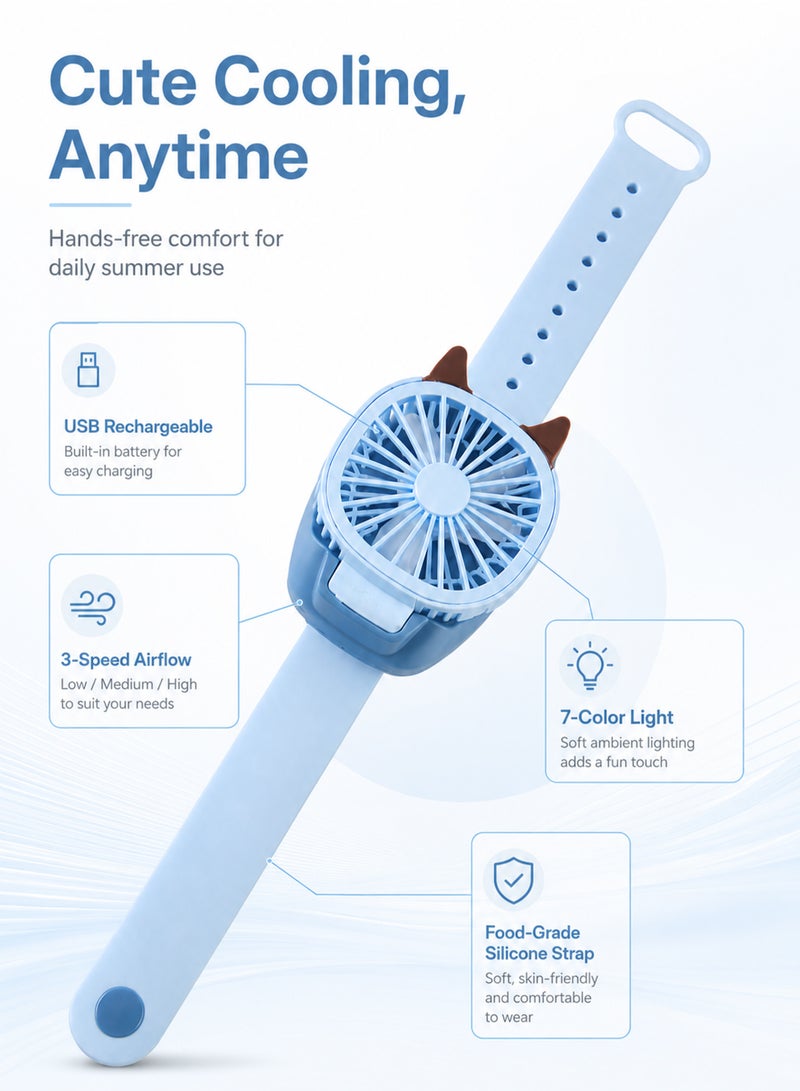 Cartoon Fan Watch Kids Toy USB Rechargeable Mini Wrist Fan 3 Speed Adjustable RGB Light Summer Cooling Cute Gift for Children - Image 3