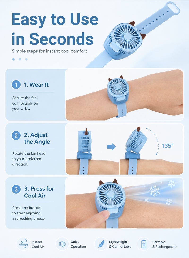 Cartoon Fan Watch Kids Toy USB Rechargeable Mini Wrist Fan 3 Speed Adjustable RGB Light Summer Cooling Cute Gift for Children - Image 4
