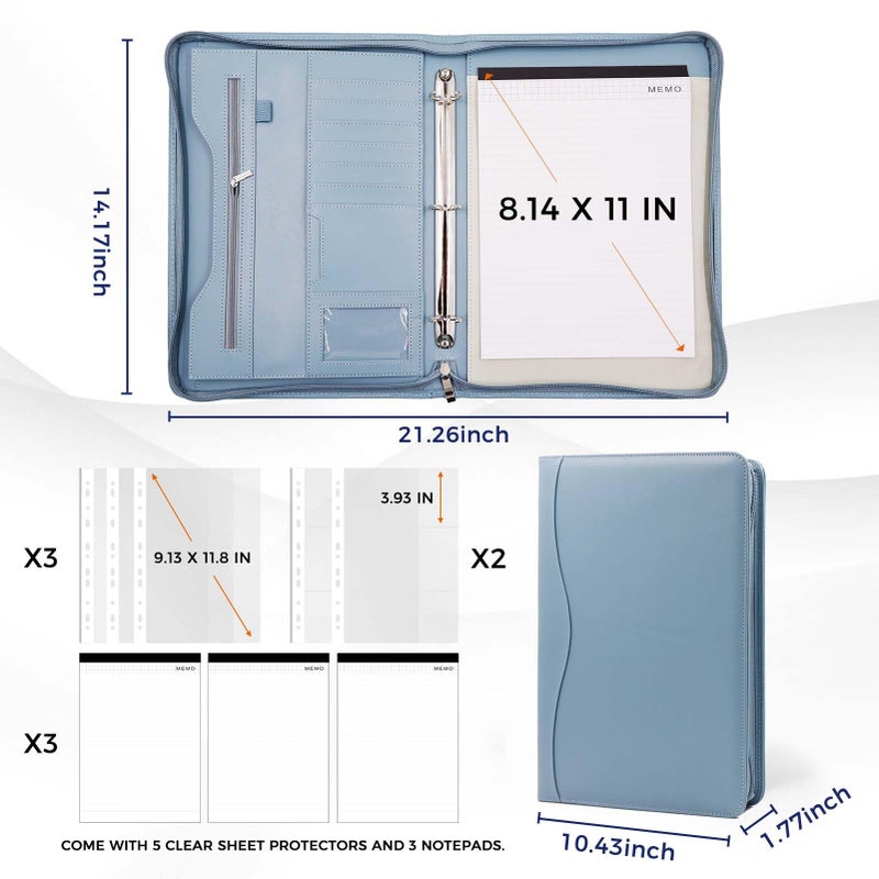 Sbrinnaliao Padfolio Portfolio Folder Binder-Organizer Planner Notebook Zippered Portfolio Padfolio for Women & Men with Document Sleeve,Letter/A4 Size Clipboard,Business Card Holders (Grey Green) - Image 4