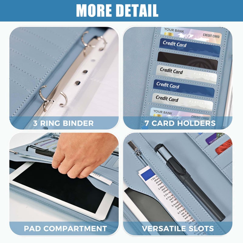 Sbrinnaliao Padfolio Portfolio Folder Binder-Organizer Planner Notebook Zippered Portfolio Padfolio for Women & Men with Document Sleeve,Letter/A4 Size Clipboard,Business Card Holders (Grey Green) - Image 3