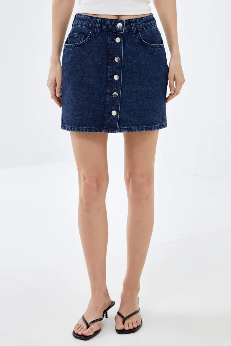 Pieces Of Melon Blue Front Buttoned High Waist Mini Denim Skirt