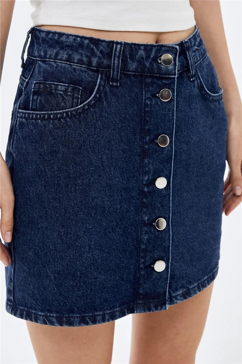 Pieces Of Melon Blue Front Buttoned High Waist Mini Denim Skirt