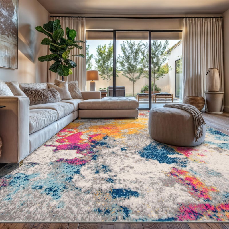 Rugshop Distressed Abstract Watercolor Area Rug, Non-Shedding Multicolor Carpet for Living Room or Open Apartment Layout, 6'6" x 9' - Image 1