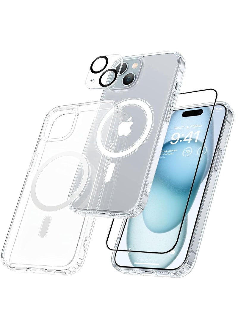 مجموعة حماية لموبايل آيفون 15 بلس (iPhone 15 Plus) واقي شاشة من الزجاج المقسى، واقي عدسات الكاميرا، جراب ماج سيف مقاوم للصدمات والخدش، سلسلة كلاسيكية أكريليك، شفاف  (3in1) - Image 1