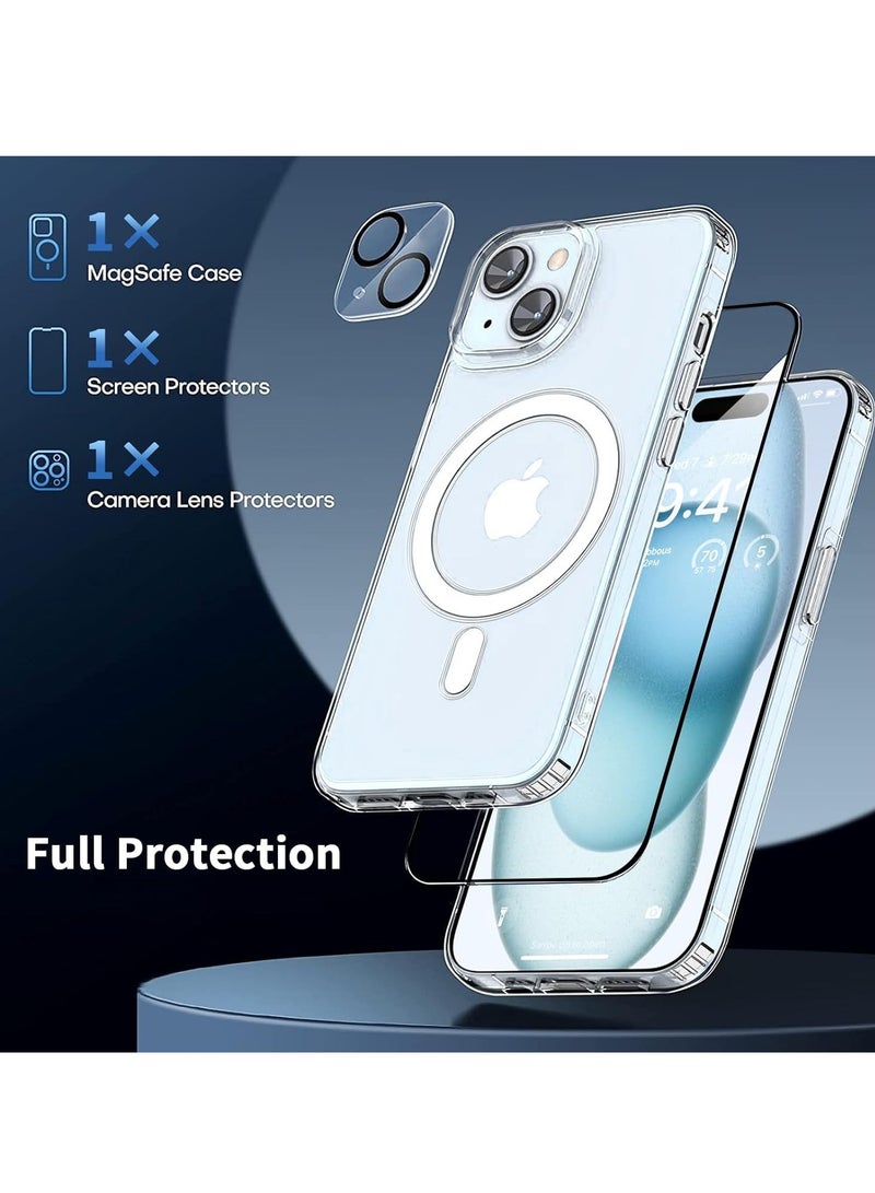 مجموعة حماية لموبايل آيفون 15 بلس (iPhone 15 Plus) واقي شاشة من الزجاج المقسى، واقي عدسات الكاميرا، جراب ماج سيف مقاوم للصدمات والخدش، سلسلة كلاسيكية أكريليك، شفاف  (3in1) - Image 3