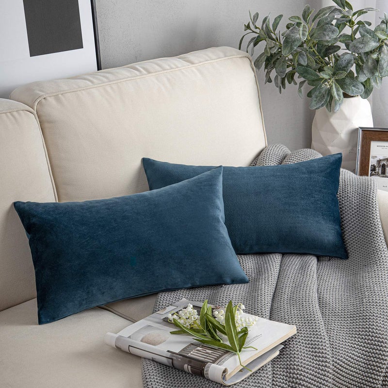 Phantoscope Pack of 2 Velvet Decorative Throw Decorative Pillow Cover Soft Solid Square Cushion Case for Couch Dark Blue 12 x 20 inches 30 x 50 cm