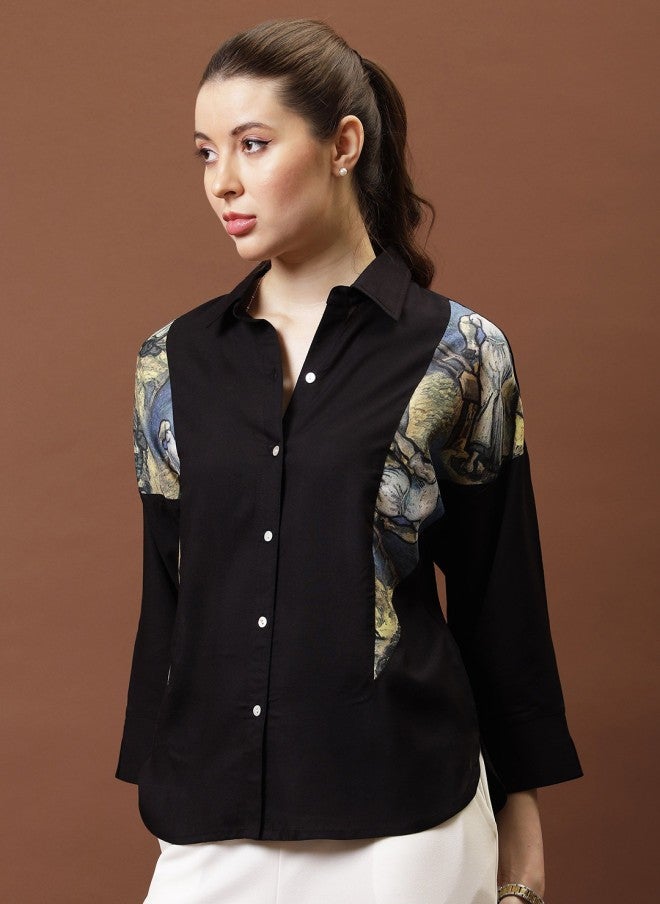 Athena Black Cotton Applique Shirt Style Top for Women - Image 4